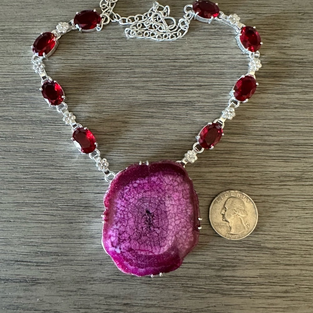 0548 Solar Quartz Druzy Garnet Big Necklace Statement Silver Gemstone Jewelry - Picture 4 of 9